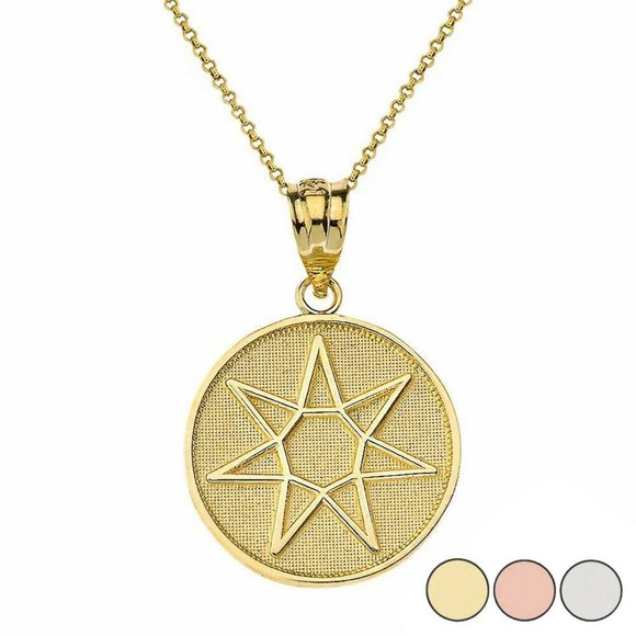 10K Solid Gold Wiccan Heptagram Faery Star Circle 7 pointed Pendant Necklace